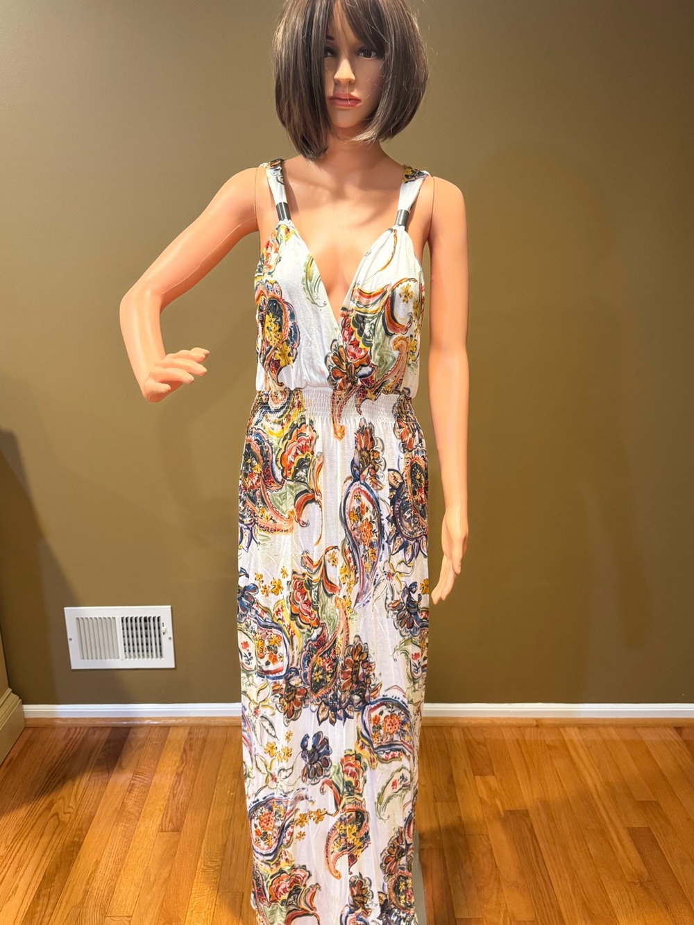 White Paisley-Print Sleeveless Maxi Dress with Deep Plunge Neckline